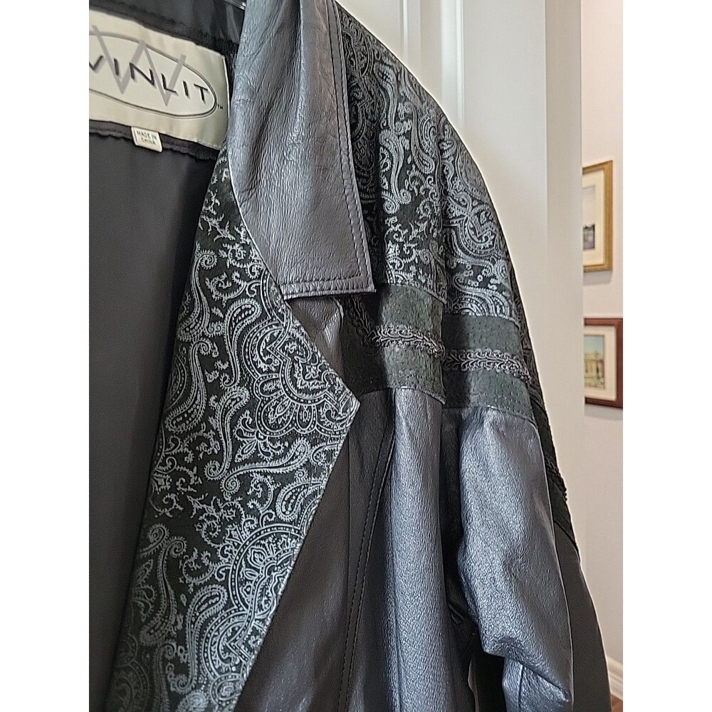 Vintage Winlit Leather Trench Coat Womens Large Black Paisley Embossed 80s 90s - Picture 4 of 13